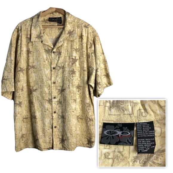 OP Sport Other - Shirt Hawaiian OP SPORT Geometric Palm Trees Muted Colors Tan Yellow Size XL